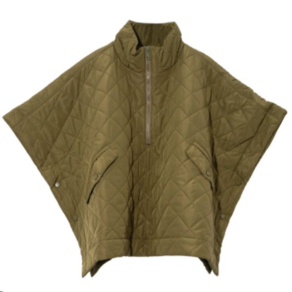 Free People Pick Me Up Poncho Olive Green Quilted Women's Cape Size M Pockets - Picture 15 of 15